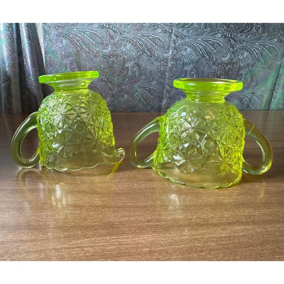 Vintage Vaseline daisy and buttons open sugar and creamer set by Degenhart glass - Picture 8 of 10